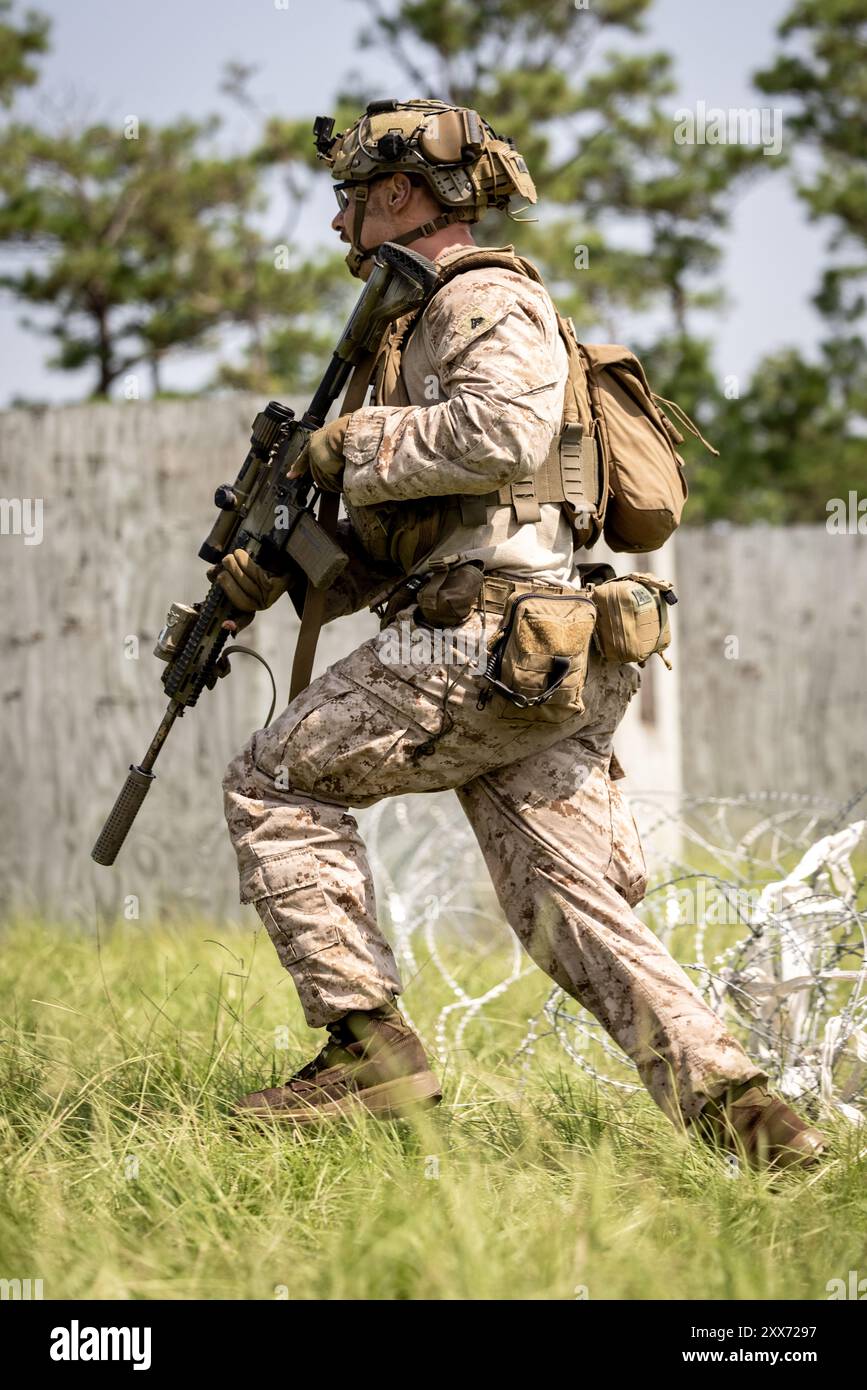 Dylan Landers, un nativo dell'Ohio e leader della squadra di fanteria con il 1st Battalion, 6th Marine Regiment, 2d Marine Division, si dirige verso un bersaglio durante il Tactical Small Unit Leadership Course on Marine Corps base Camp Lejeune, North Carolina, 15 agosto 2024. TSULC ha fornito ai capi delle piccole unità la fiducia, la conoscenza e l'abilità di guidare meglio i Marines in situazioni di combattimento, contribuendo alla generazione continua di forze pronte al combattimento. (Foto U.S. Marine Corps di Lance Cpl. Brian Bolin Jr.) Foto Stock