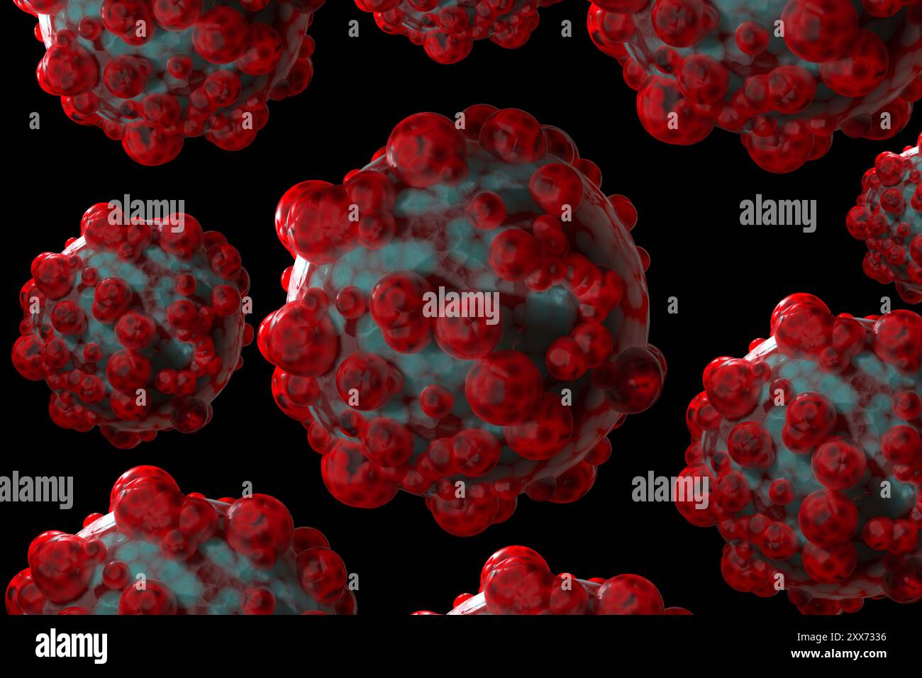 Immagine 3D rappresentata del virus Monkeypox, Mpox, isolata su sfondo nero. Il vaiolo Monkeyx è una zoonosi virale, trasmessa agli esseri umani dagli animali. Foto Stock