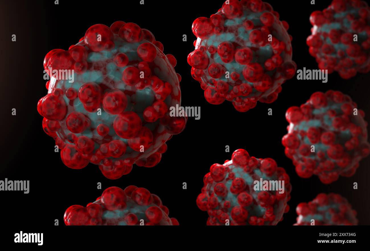 Immagine 3D rappresentata del virus Monkeypox, Mpox, isolata su sfondo nero. Il vaiolo Monkeyx è una zoonosi virale, trasmessa agli esseri umani dagli animali. Foto Stock