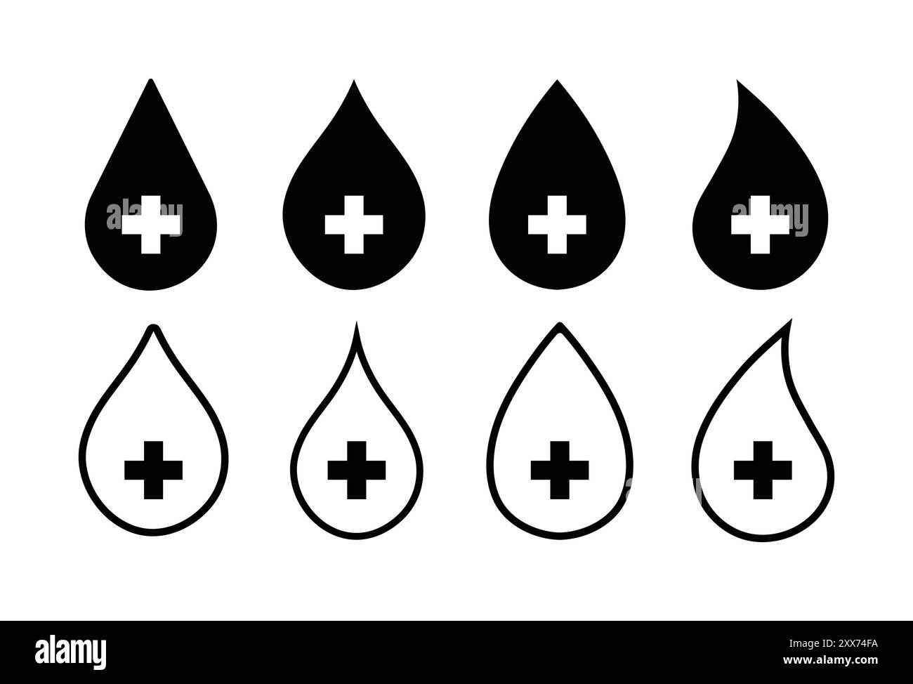 Simbolo del segno di donazione di sangue o di sicurezza per le mani del sistema sanitario. Icona gocce di acqua salata di colore nero. Segnale di acqua pulita. Gocce d'acqua con segno più croce. Illustrazione Vettoriale