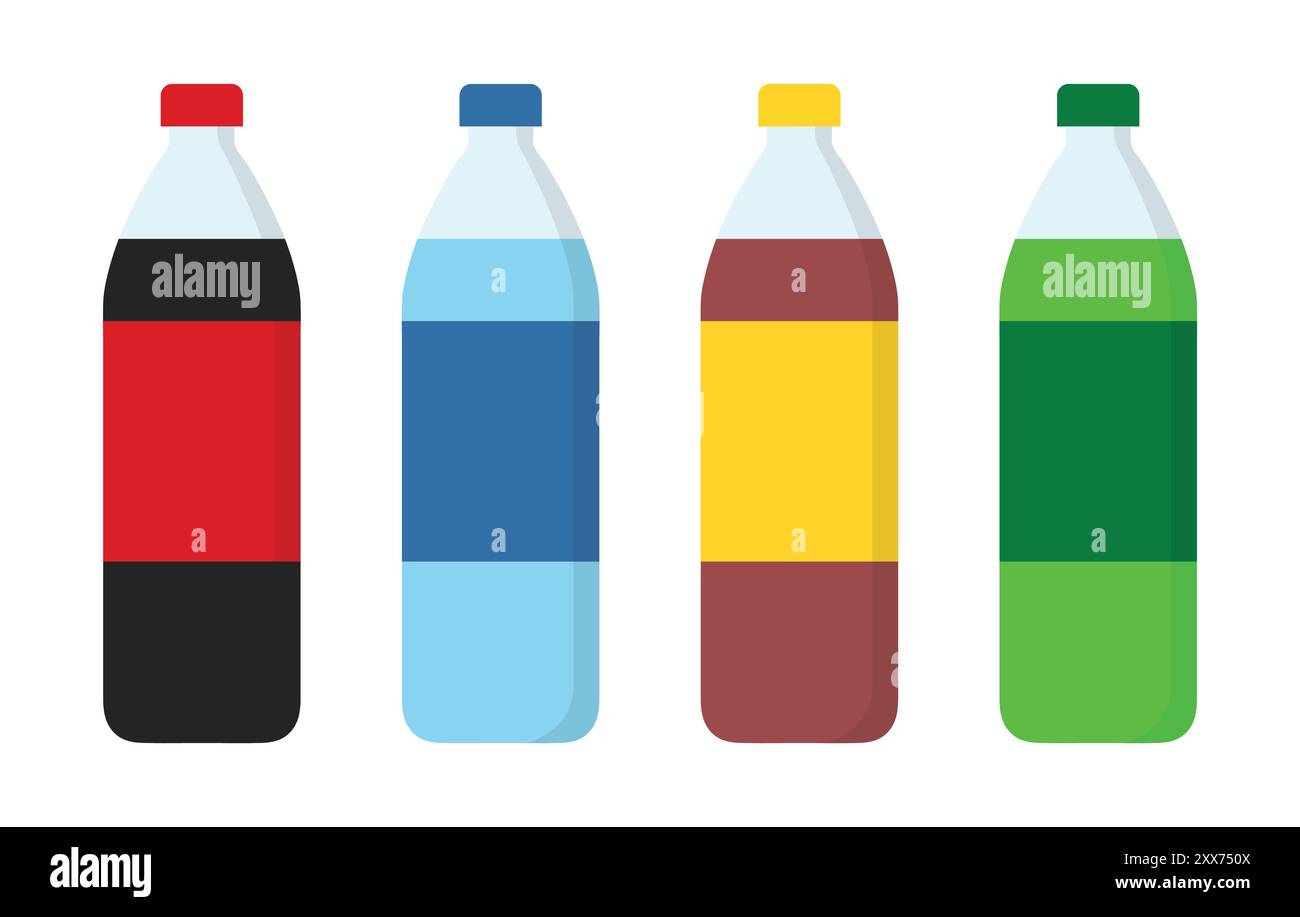 Set di icone dei flaconi. Icone delle bevande in stile piatto. Icona del vettore del flacone di plastica. Dolce simbolo di soda. Cartello delle bevande frizzanti. Icona bottiglie di plastica per bevande. Illustrazione Vettoriale