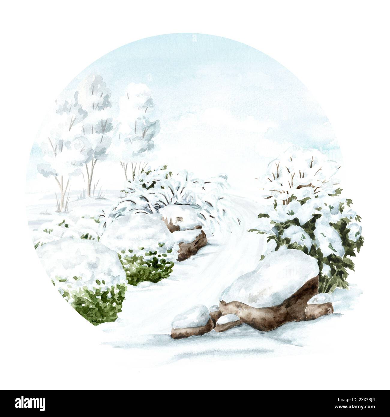 Vicolo nel giardino d'inverno. Illustrazione ad acquerello disegnata a mano isolata su sfondo bianco Foto Stock