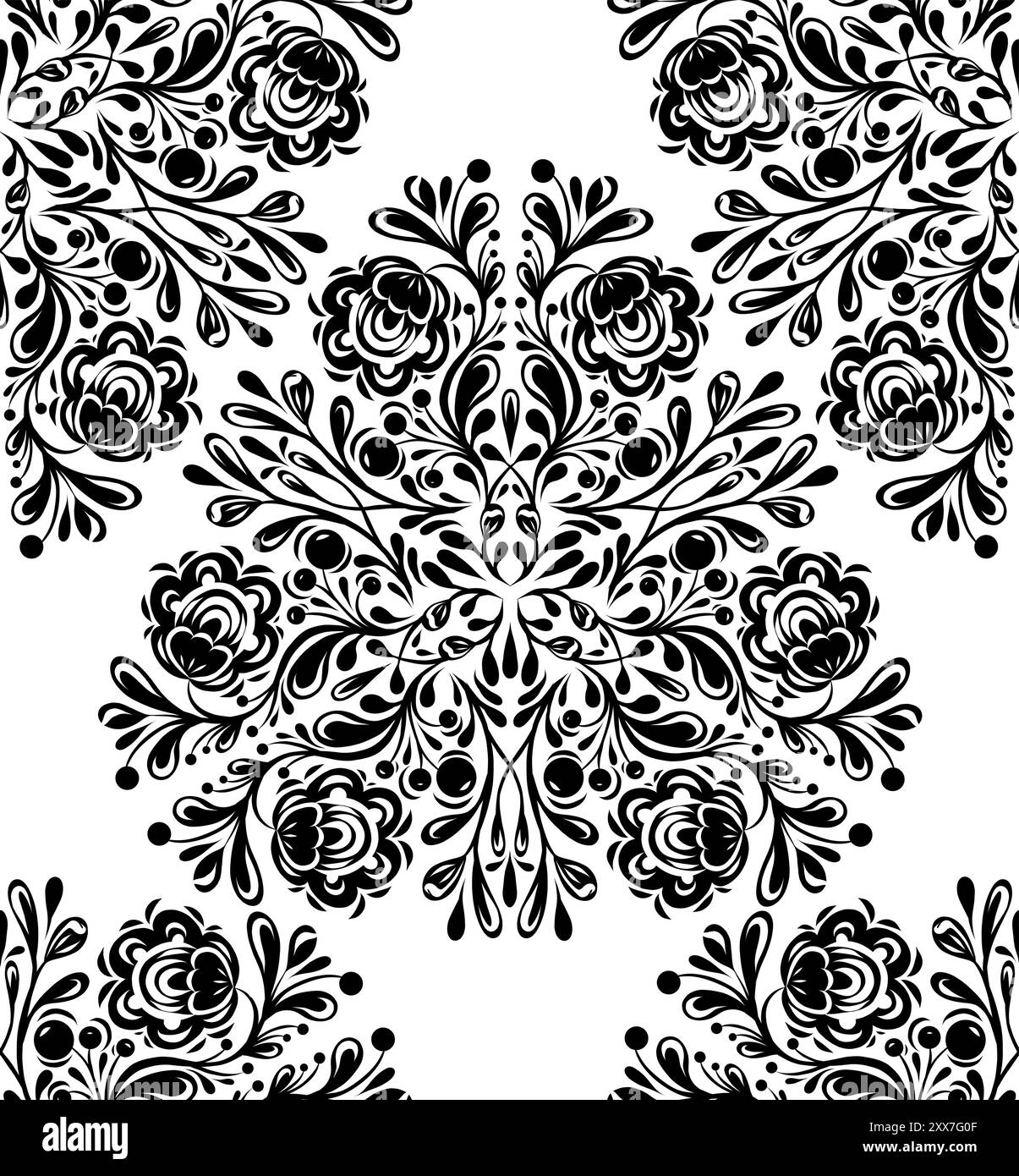 Motivo in filigrana decorativa vettoriale senza cuciture con silhouette nera e pizzi decorati su sfondo bianco. Design superficiale con delicati ornamenti floreali Illustrazione Vettoriale