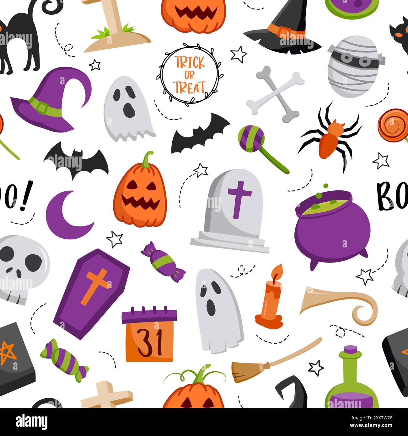 Sfondo senza cuciture con motivo disegnato a mano per Halloween. Copri lo stile doodle di halloween per un design elegante in tessuto. Illustrazione Vettoriale