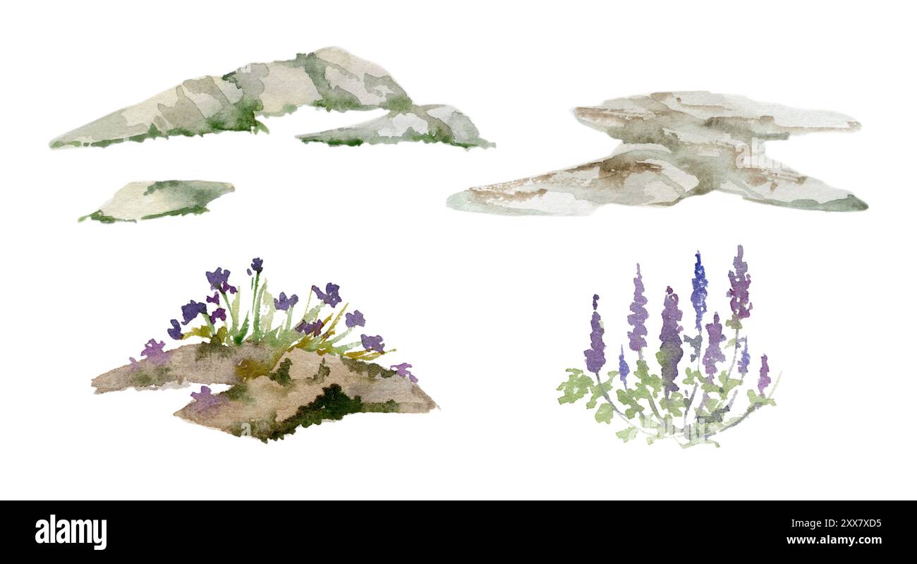 Paesaggio paesaggio rocce scogliere pietre scogliere con erba, piante floreali, illustrazione botanica disegnata a mano in acquerello. Elemento isolato singolo per Foto Stock Paesaggio paesaggio rocce scogliere pietre scogliere con erba, piante floreali, illustrazione botanica disegnata a mano in acquerello. Elemento isolato singolo per Foto Stock