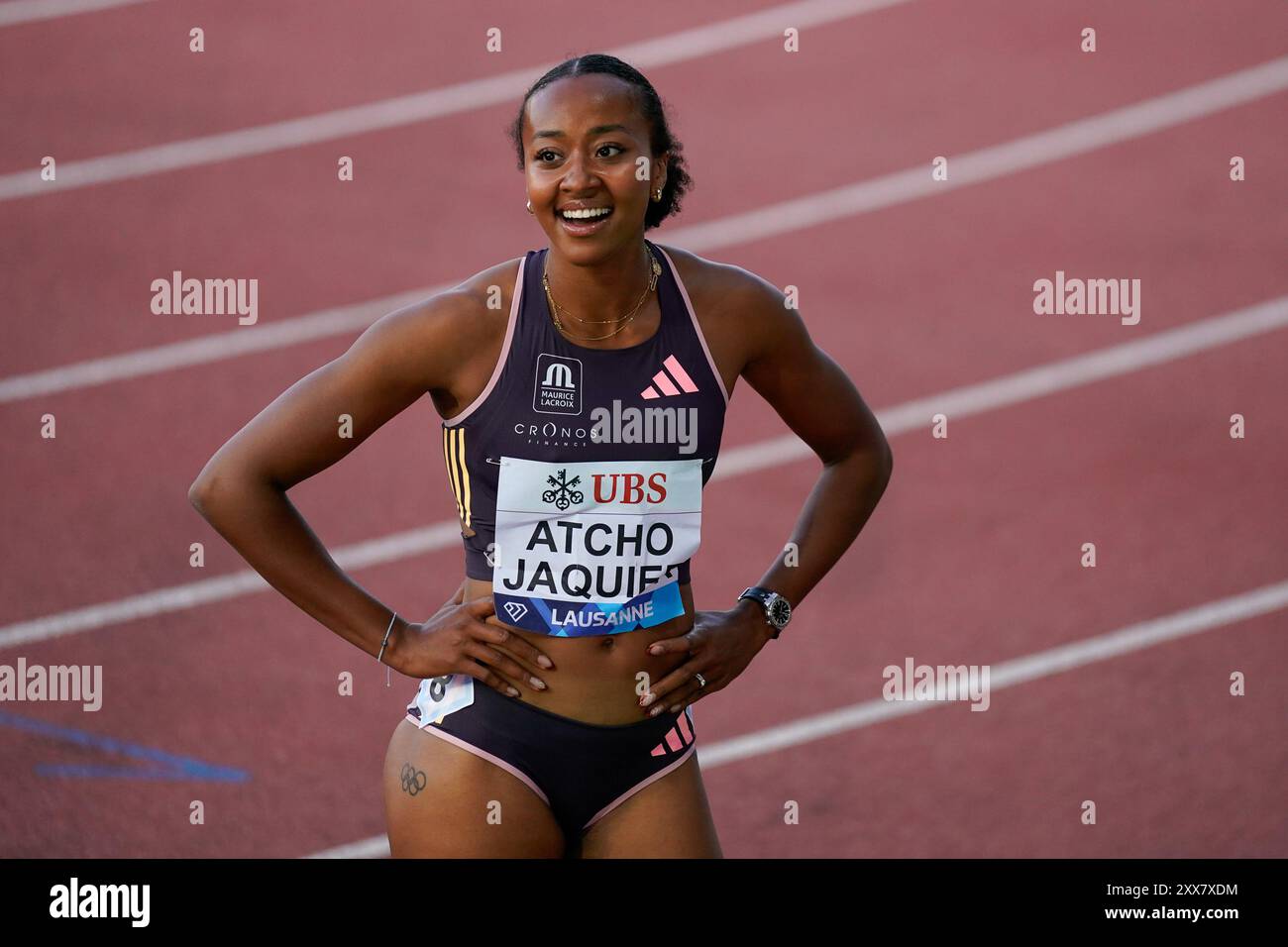 Losanna, Svizzera. 22 agosto 2024. Losanna, Svizzera, 22 agosto 2024: Sarah Atcho-Jaquier (sui) sorride dopo i 200 m donne durante il Wanda Diamond League Meeting Athletissima Losanna 2024 allo Stade Olympique de la Pontaise di Losanna, Svizzera. (Daniela Porcelli/SPP) credito: SPP Sport Press Photo. /Alamy Live News Foto Stock