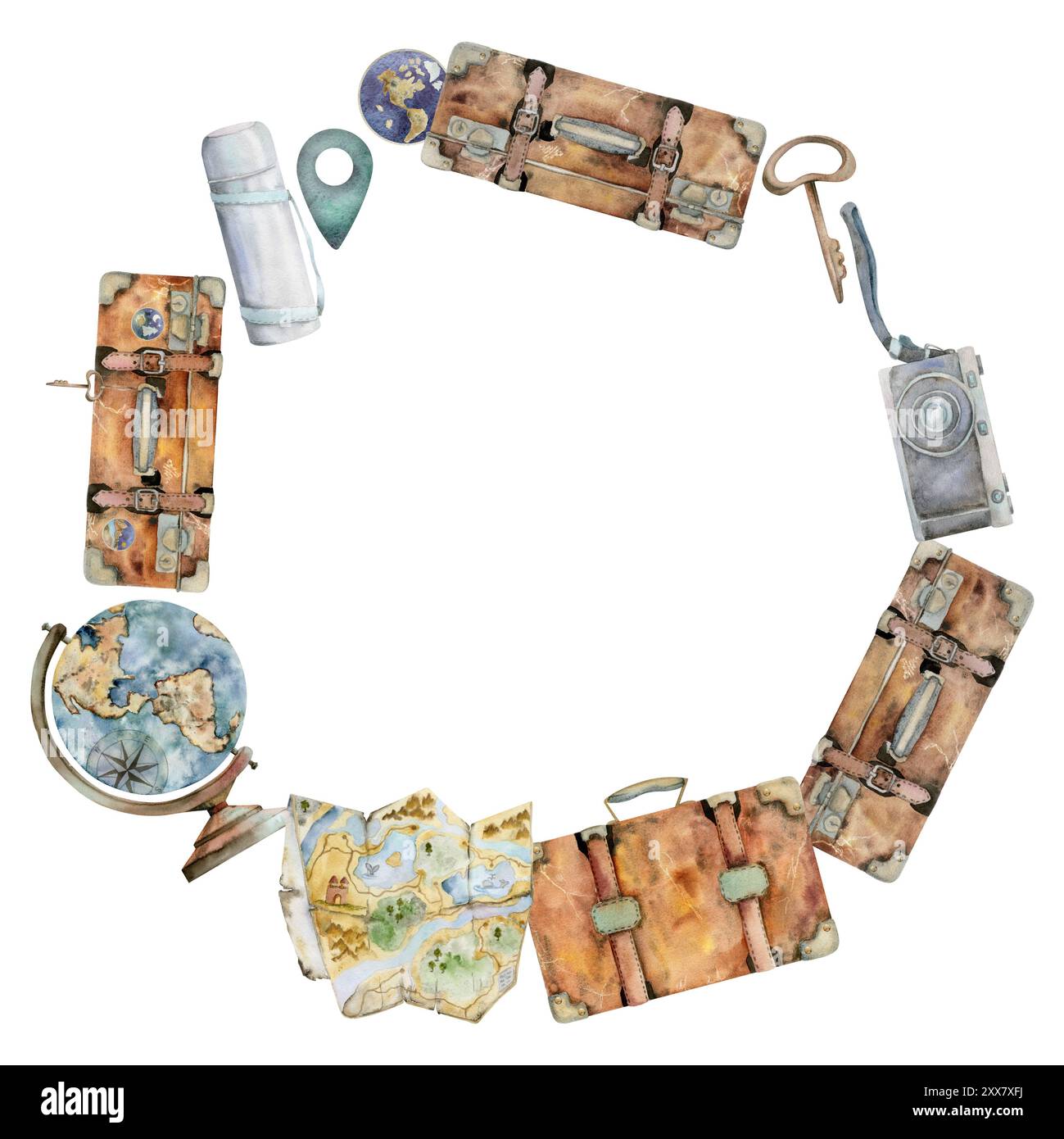 Accessori turistici, chiave valigia valigia, matraccio sottovuoto, macchina fotografica, mappamondo. Illustrazione disegnata a mano con acquerello. Telaio della corona tonda. Turismo Foto Stock