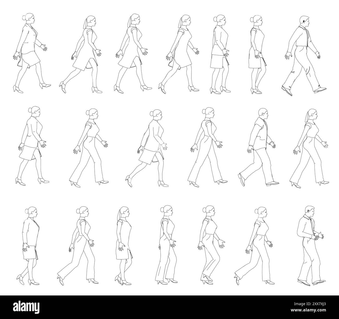 Ambientato con contorni di persone che camminano da linee nere isolate su sfondo bianco. Uomini e donne che camminano. Vista laterale. Illustrazione vettoriale. Illustrazione Vettoriale