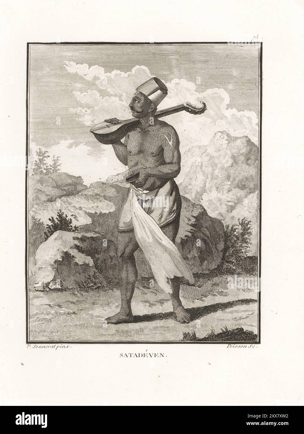 Devoto di una setta religiosa indiana chiamata Satadeven. Sopravvivono vendendo ghirlande di fiori e nosegay. Indossa un cappello e un dhoti, segni tilaka, e porta una Vina o una chitarra per accompagnare le sue canzoni. Incisione su copperplate di Jean-Baptiste Marie Poisson dopo un'illustrazione di Pierre Sonnerat dal suo Voyage aux Indes Orientales et à la Chine (viaggio nelle Indie Orientali e Cina, Dentu, Parigi, 1806. Foto Stock
