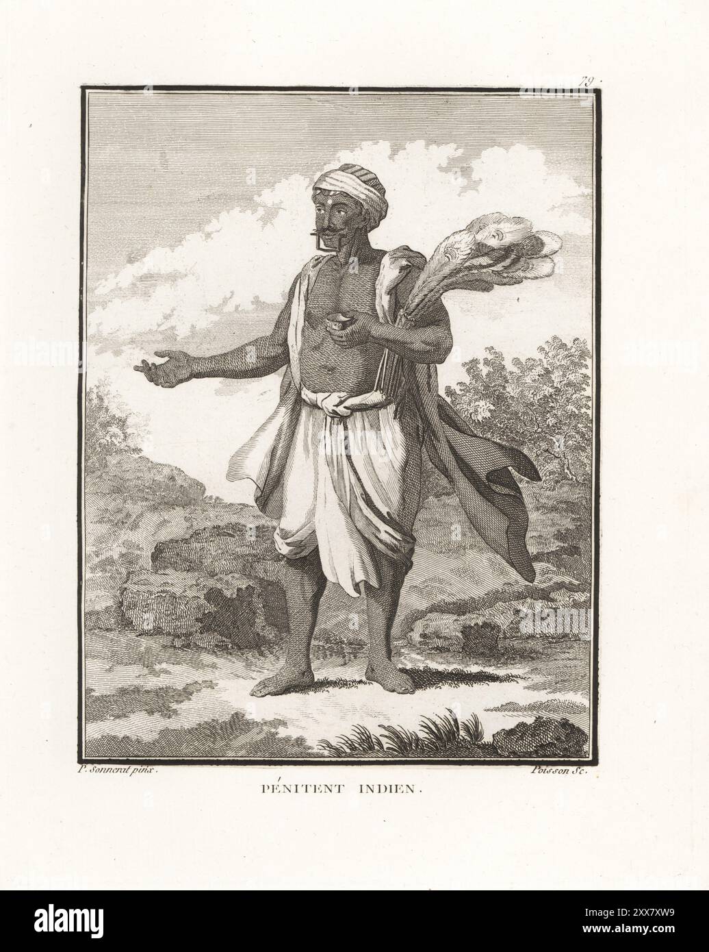 Un penitente religioso indiano, fanatico adoratore di Shiva. Indossa un turbante, segni bianchi di dhoti e tilaka, porta un pupazzo di piume di uccelli selvatici. Indien penitente. Incisione su copperplate di Jean-Baptiste Marie Poisson dopo un'illustrazione di Pierre Sonnerat dal suo Voyage aux Indes Orientales et à la Chine (viaggio nelle Indie Orientali e Cina, Dentu, Parigi, 1806. Foto Stock