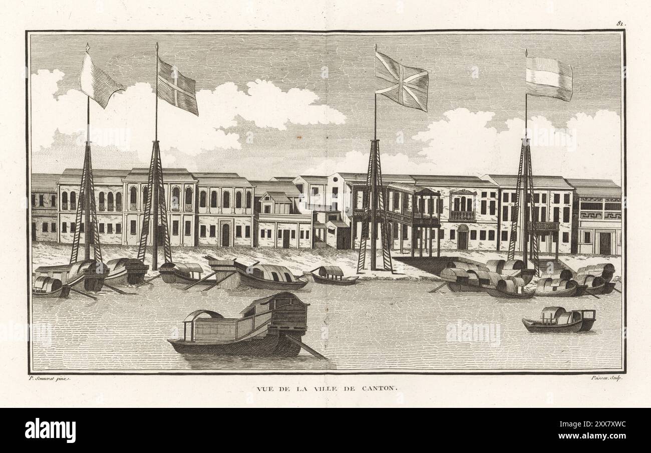 Vista della città di Guangzhou o di Kwangchow, nella Cina meridionale. Edifici a due piani sui moli e molte piccole navi e barche sul fiume Pearl. Bandiere della Gran Bretagna e dell'Olanda sui palchi. Vue de la ville de Canton. Incisione su copperplate di Jean-Baptiste Marie Poisson dopo un'illustrazione di Pierre Sonnerat dal suo Voyage aux Indes Orientales et à la Chine (viaggio nelle Indie Orientali e Cina, Dentu, Parigi, 1806. Foto Stock