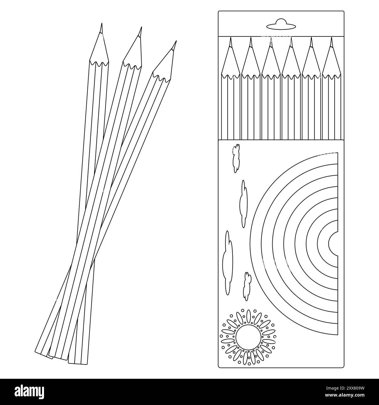 Semplice contorno bianco e nero di matite colorate in una scatola, ideale per pagine da colorare back-to-School e uso didattico. Illustrazione Vettoriale