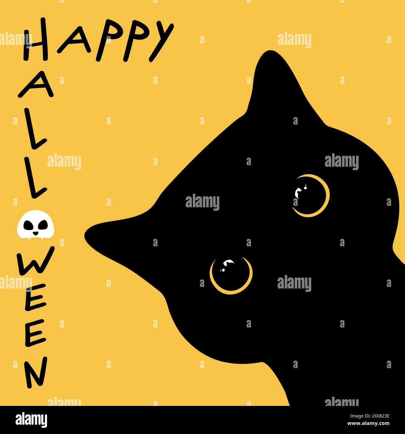 Biglietto d'auguri di Halloween con sbirciante silhouette di gatto nero con grandi occhi gialli. Illustrazione vettoriale Illustrazione Vettoriale