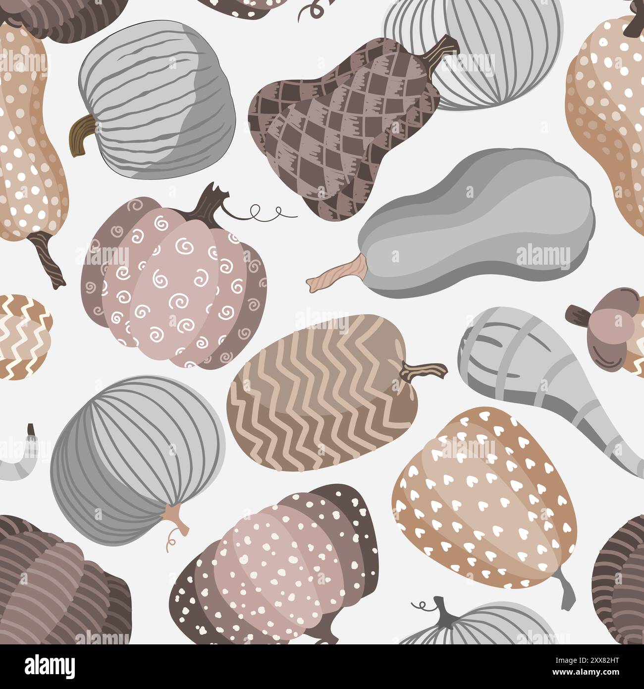 Simpatiche zucche dipinte a doodle motivo senza cuciture. Sfondo del raccolto per Halloween, Autunno o giorno del Ringraziamento. Tavolozza pastello. Illustrazione vettoriale. Illustrazione Vettoriale