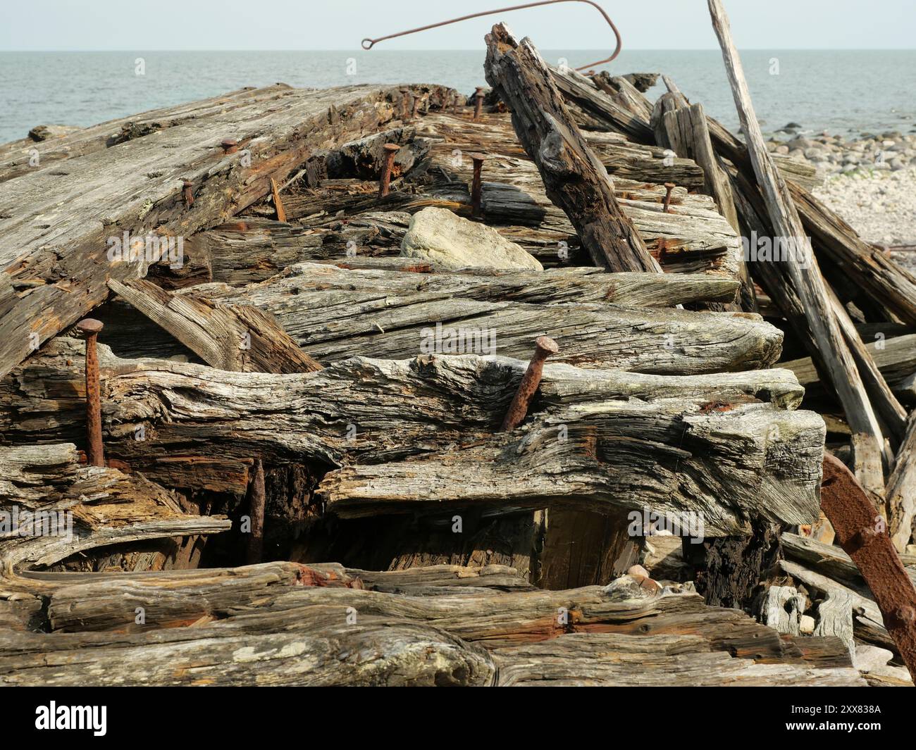 Il relitto di legno dei Swik, bloccato nel 1926 a Trollskagen, Öland, è archeologicamente significativo e una parte affascinante della nave marittima svedese Foto Stock Il relitto di legno dei Swik, bloccato nel 1926 a Trollskagen, Öland, è archeologicamente significativo e una parte affascinante della nave marittima svedese Foto Stock