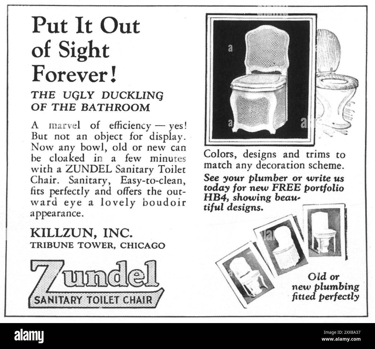 1928 Zundel Sanitary toilet Chair ad - Killzun Inc Chicago Foto Stock