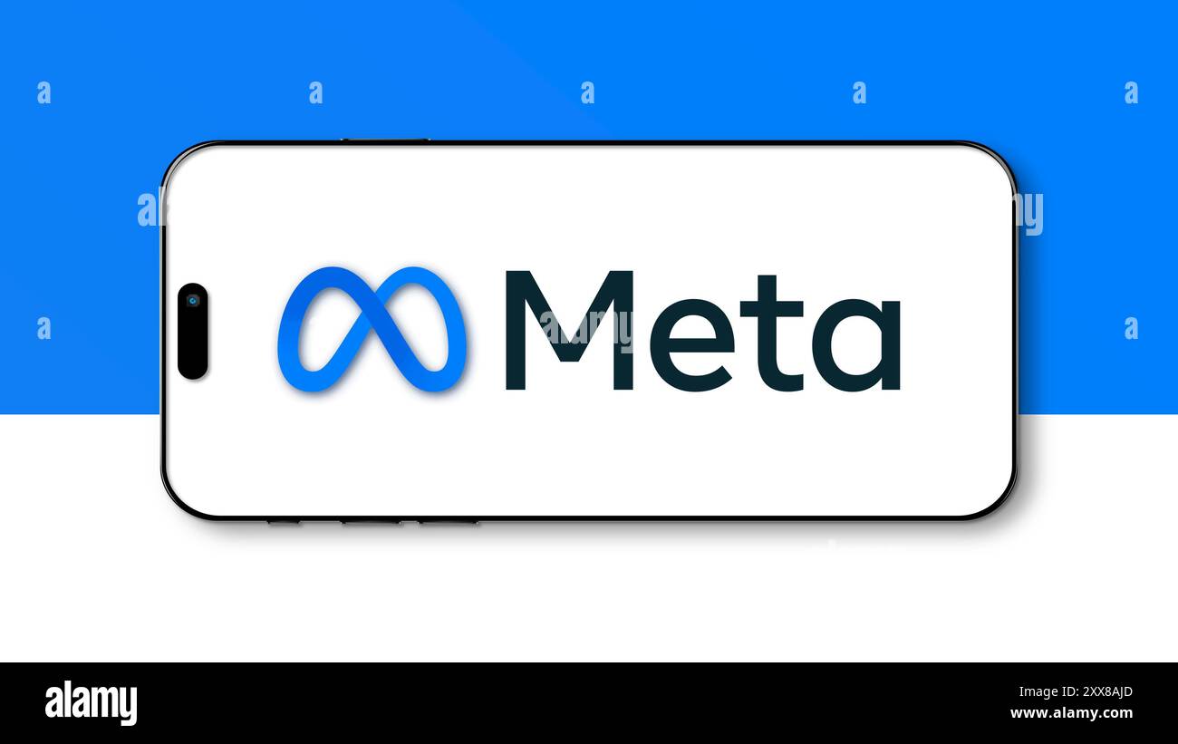 Istanbul, Turchia - 20 agosto 2024: Logo meta visualizzato sullo schermo di uno smartphone. Meta è la casa madre di Facebook, Instagram, WhatsApp, concentrandosi su S. Foto Stock
