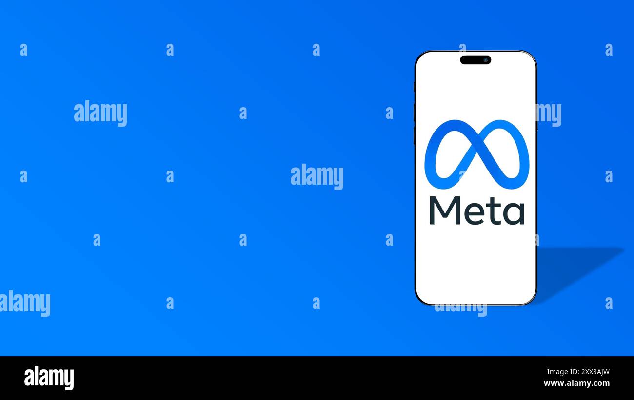 Istanbul, Turchia - 20 agosto 2024: Logo meta visualizzato sullo schermo di uno smartphone. Meta è la casa madre di Facebook, Instagram, WhatsApp, concentrandosi su S. Foto Stock