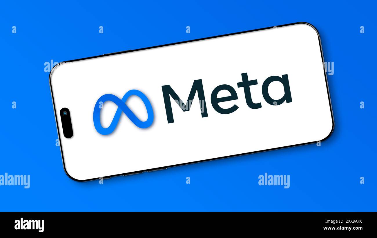 Istanbul, Turchia - 20 agosto 2024: Logo meta visualizzato sullo schermo di uno smartphone. Meta è la casa madre di Facebook, Instagram, WhatsApp, concentrandosi su S. Foto Stock