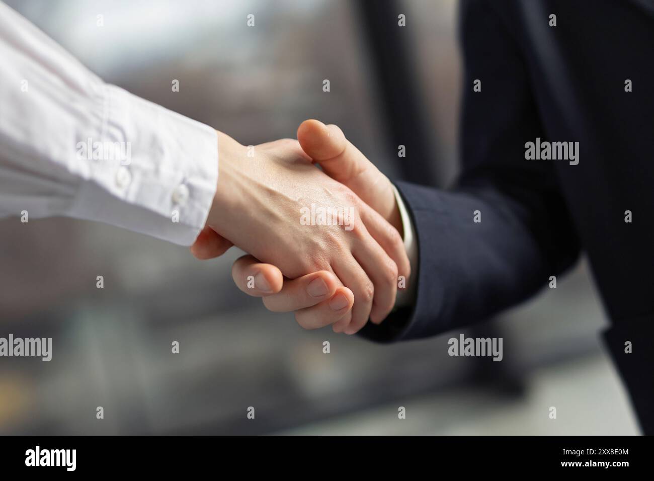 Due uomini d'affari stanno stringendo la mano in un ambiente professionale. La fotografia cattura il momento di una stretta di mano ferma, simboleggiando l'accordo, la collaborazione Foto Stock