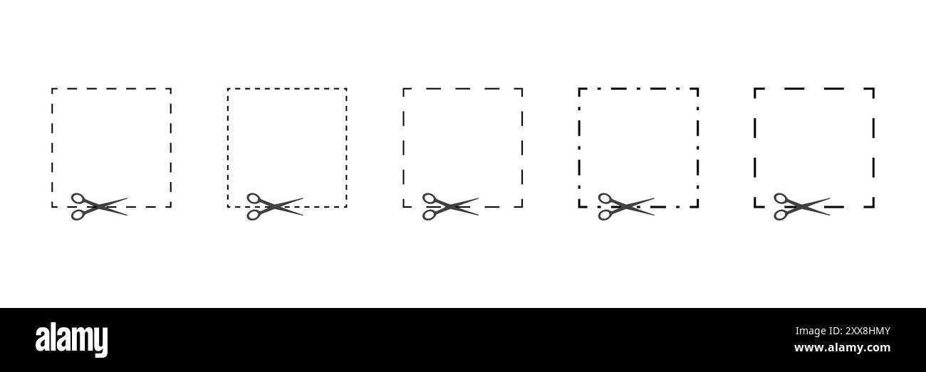 Tagliare qui. Taglio a forbice nero. Set di forme quadrate di taglio su sfondo bianco. Semplice illustrazione vettoriale. Buono o sconto per la carta da taglio Illustrazione Vettoriale
