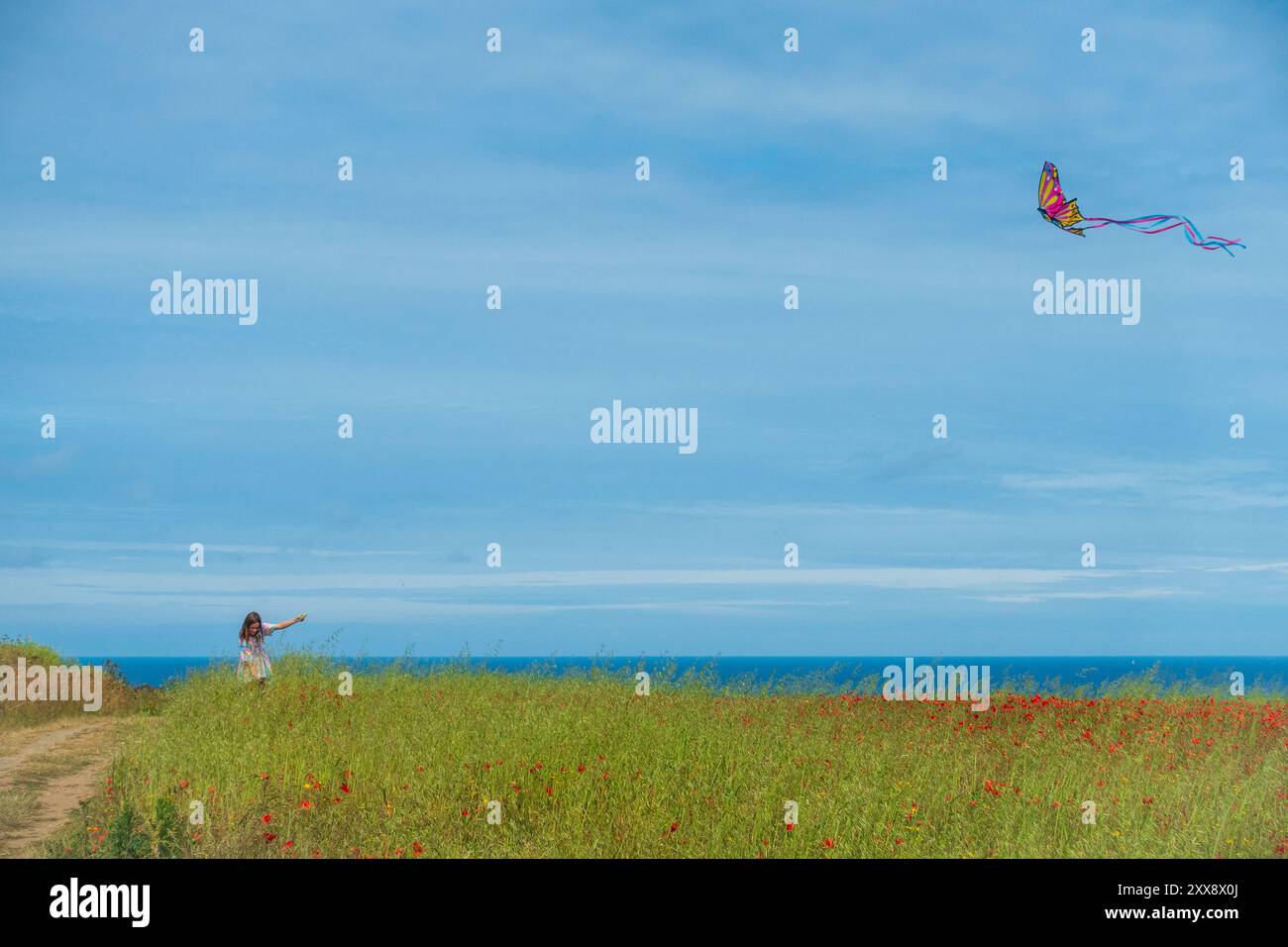 Bambino che tiene l'aquilone con entusiasmo mentre vola sui campi di fiori selvatici a West Pentire, Cornovaglia, Inghilterra Foto Stock
