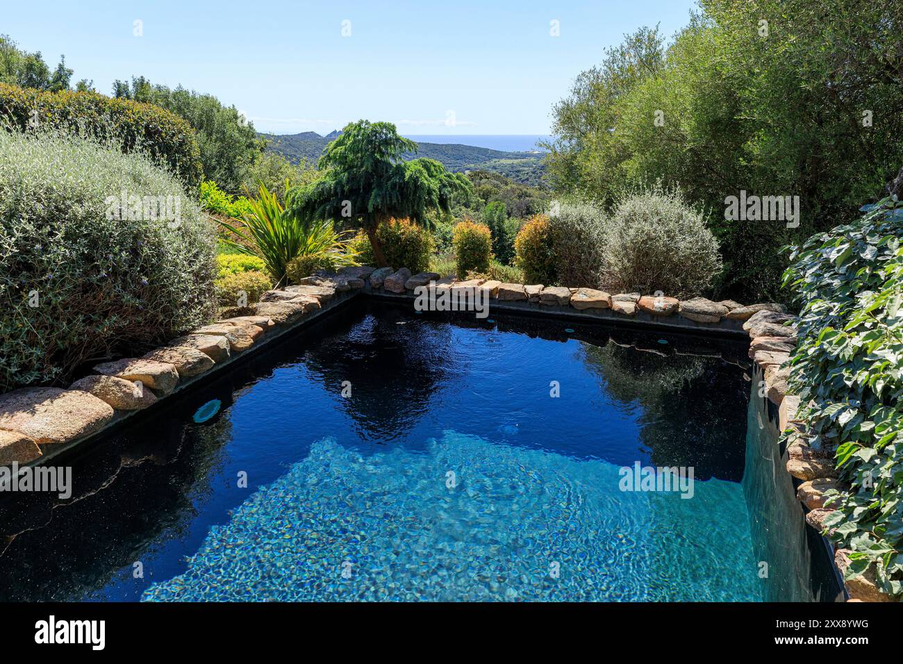 Francia, Corsica del Sud, Domaine de Murtoli, A Filetta Sheepfold, piscina Foto Stock