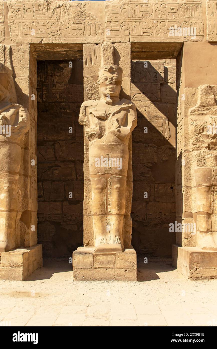 Ammira le intricate incisioni e i disegni decorati che adornano le colonne del Tempio di Ramses III a Karnak. Queste meraviglie mettono in mostra l'arte Foto Stock