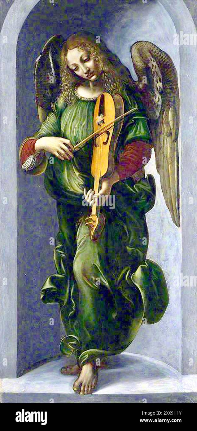 Giovanni Ambrogio de Predis (probabilmente) - un Angelo in verde con una vista, parte della Pala di S. Francesco, Milano - c1490 Foto Stock