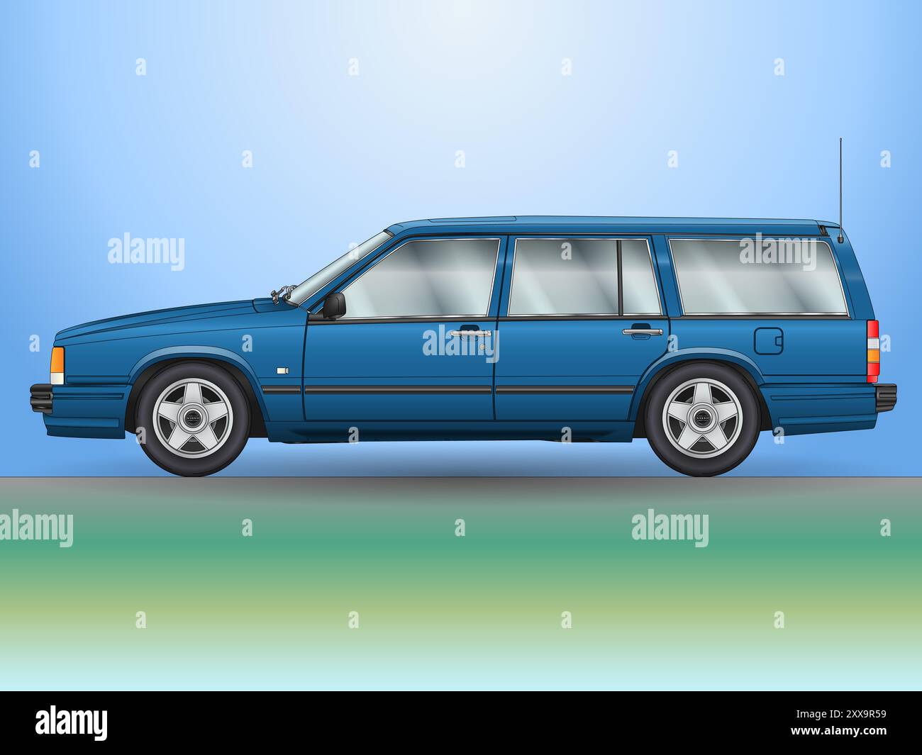 Svezia, anno 1982, Volvo modello 740 Station Wagon, auto d'epoca e d'epoca, silhouette colorata, illustrazione Foto Stock