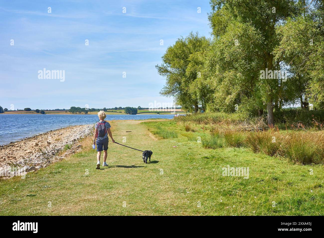 Una donna solitaria con il suo cane cammina lungo la riva del bacino idrico di Rutland, in Inghilterra. Foto Stock