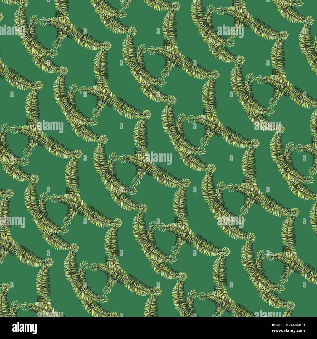 Freschi rami di abete verde natalizio con un moderno motivo senza cuciture. Illustrazione botanica acquerello isolata su sfondo verde. Modello ornamento per f Foto Stock