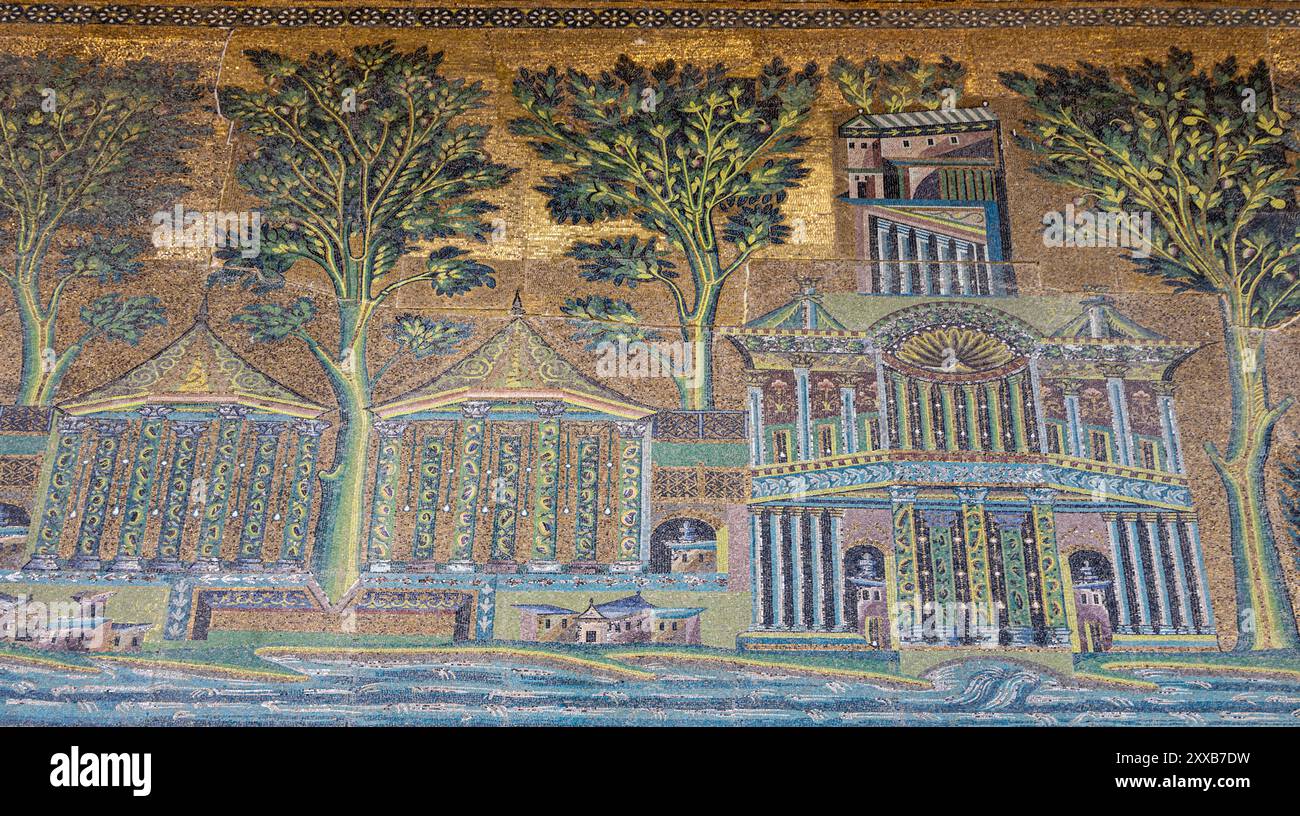 Dettaglio dei mosaici, West porticato, la Grande Moschea di Damasco Foto Stock