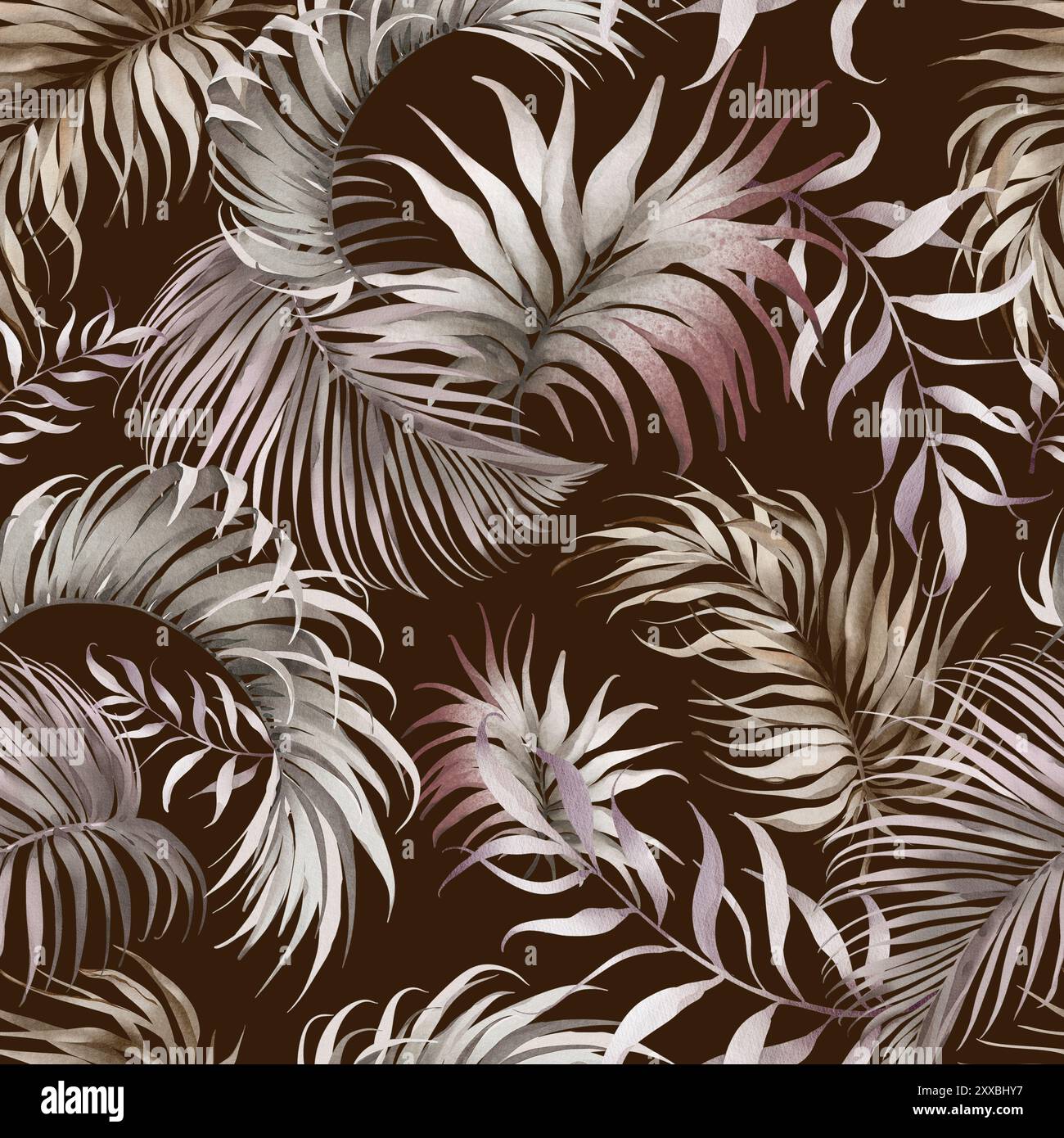 Motivo foglie di palma asciutto. Sfondo senza cuciture con fronde tropicali in stile Boho. Sfondo beige per la carta da parati disegnato ad acquerello di noci di cocco Foto Stock