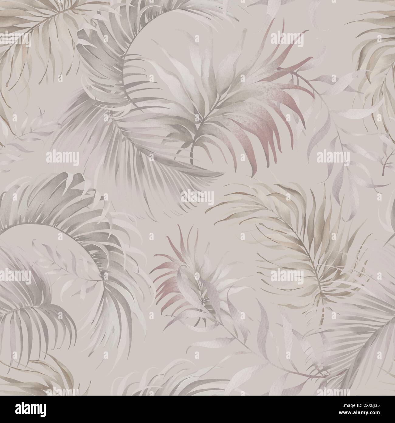 Motivo foglie di palma asciutto. Sfondo senza cuciture con fronde tropicali in stile Boho. Sfondo beige per la carta da parati disegnato ad acquerello di noci di cocco Foto Stock
