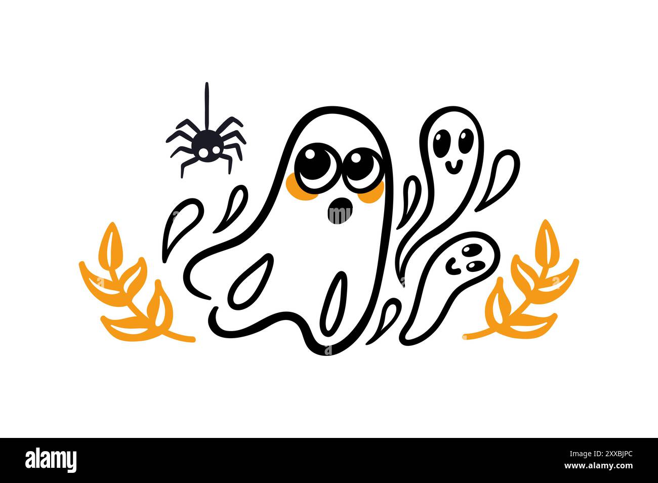 Questa simpatica e spettrale illustrazione presenta fantasmi giocosi e un ragno affascinante, ideale per i temi di Halloween Illustrazione Vettoriale