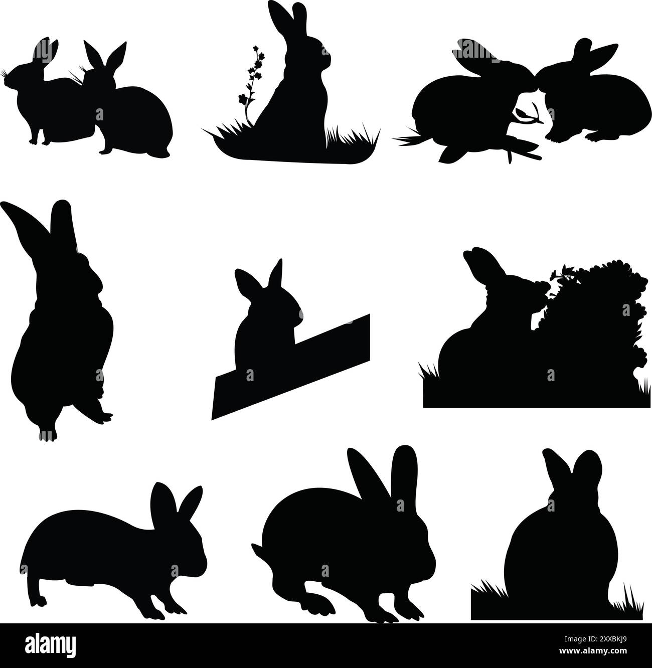Set di bellissime silhouette di coniglio su sfondo bianco Illustrazione Vettoriale