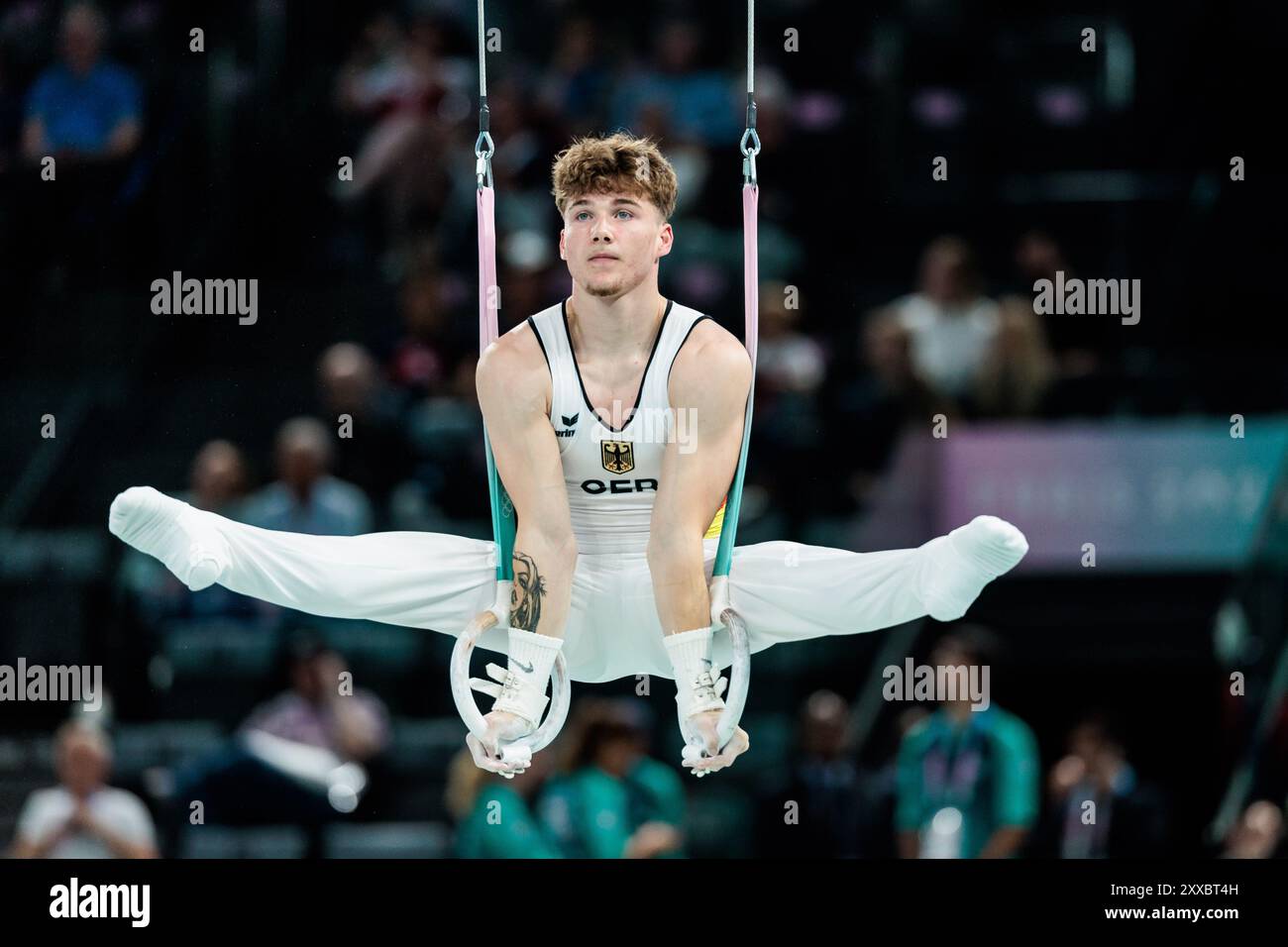 Fra, Paris, Olympischen Games Paris 2024, Bercy Arena, 27 luglio 2024, olympic Gymnastic Trials - Men, Apparatus Pascal Brendel (D, numero 137), rings credito: HMB Media/Steffie Wunderl/Alamy Archival Foto Stock