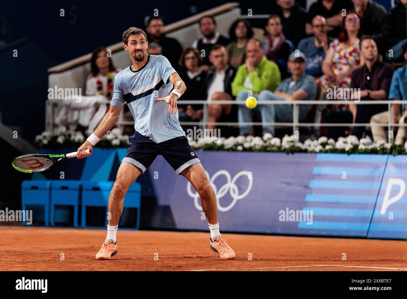 Fra, Paris, Olympischen Games Paris 2024, Roland Garros - Corte Philippe-Chatrier, Gonzalez / Molteni vs. Alcaraz / Nadal, 27 luglio 2024, tennis - uomini, doppio, primo round Andres Molteni (argentina) crediti: HMB Media/Steffie Wunderl/Alamy Archival Foto Stock