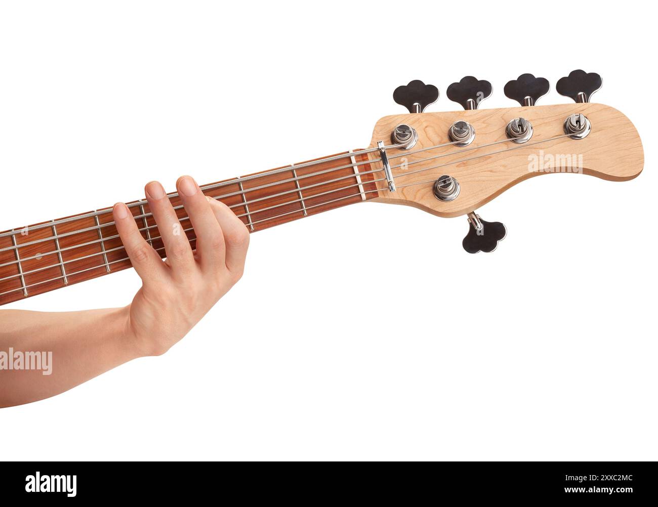 dita sul percorso della chitarra basso isolate sul bianco Foto Stock