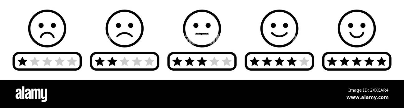 Emoji di valutazione con stelle per il feedback dei clienti e l'esperienza del prodotto in bianco e nero. Set di icone emoji di valutazione a cinque stelle. Emoji di feedback. Illustrazione Vettoriale