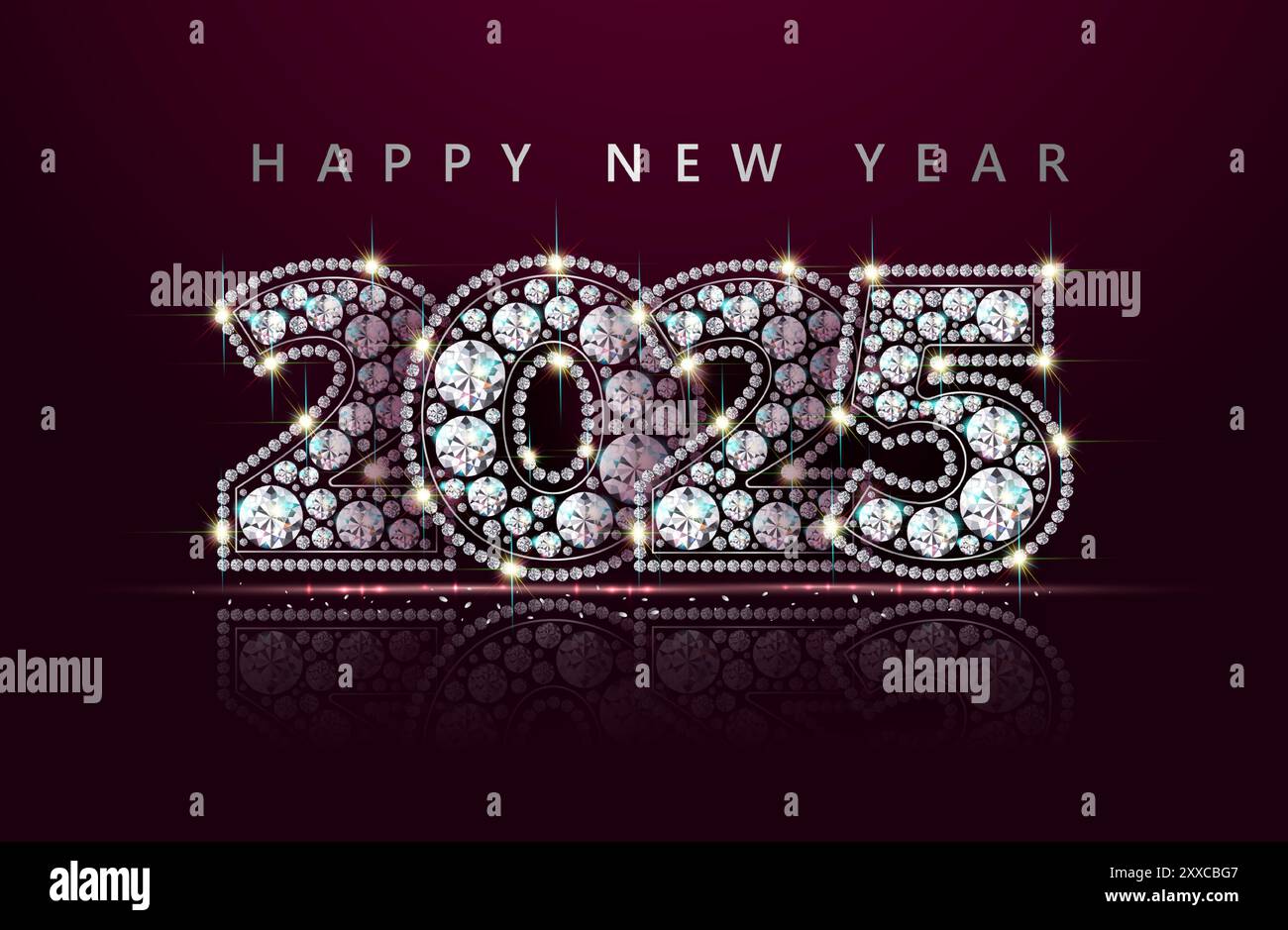 Numeri 2025 Capodanno e Natale. Di pietre preziose, scintillanti e lussuose, diamanti. Banner natalizio con glitter. Stile realistico. Sfondo rosso Illustrazione Vettoriale