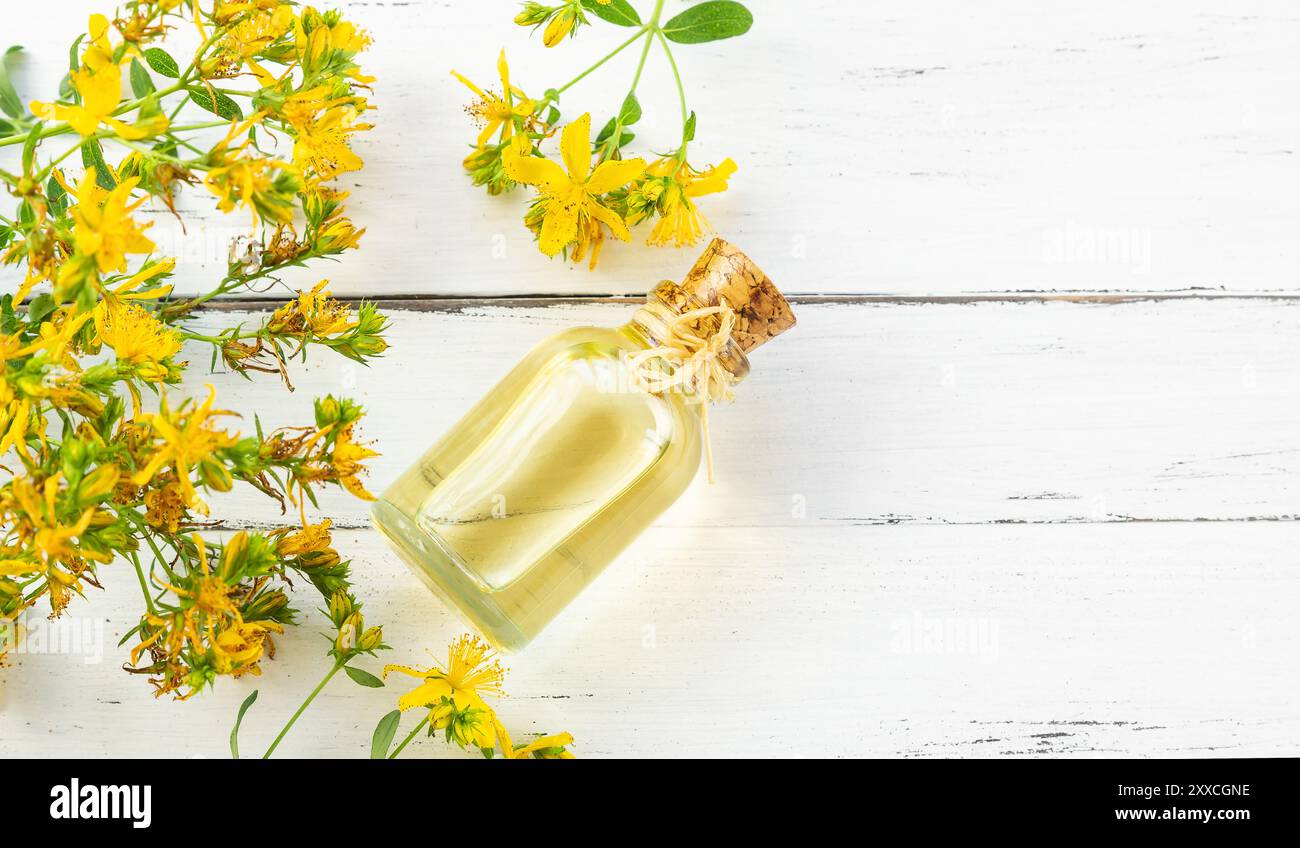 Bottiglia di vetro di st. Olio essenziale di erba di Giovanni con fiori, medicina alternativa Foto Stock