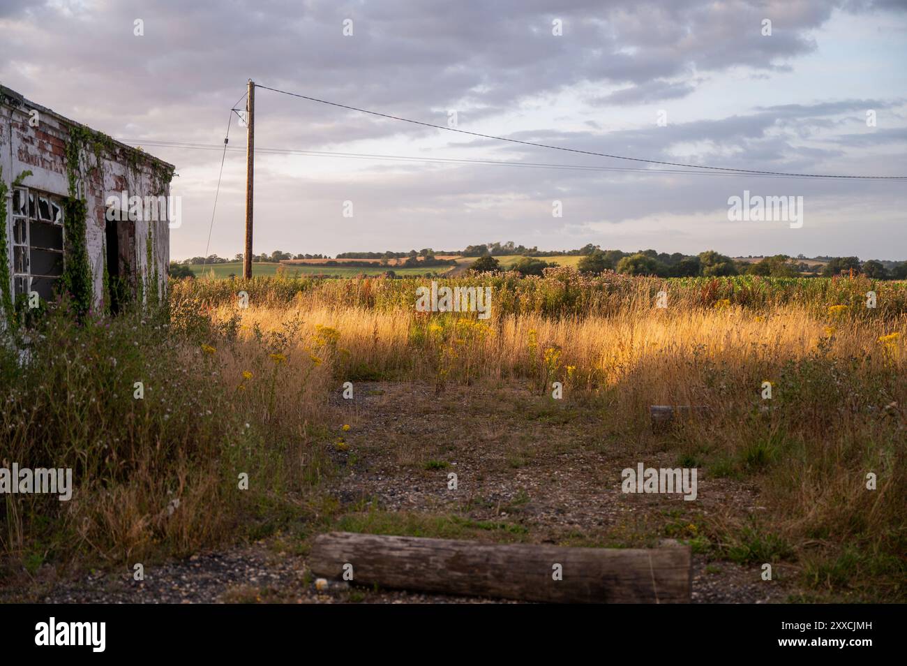 Il sole tramonta su una stazione di servizio remota abbandonata Foto Stock