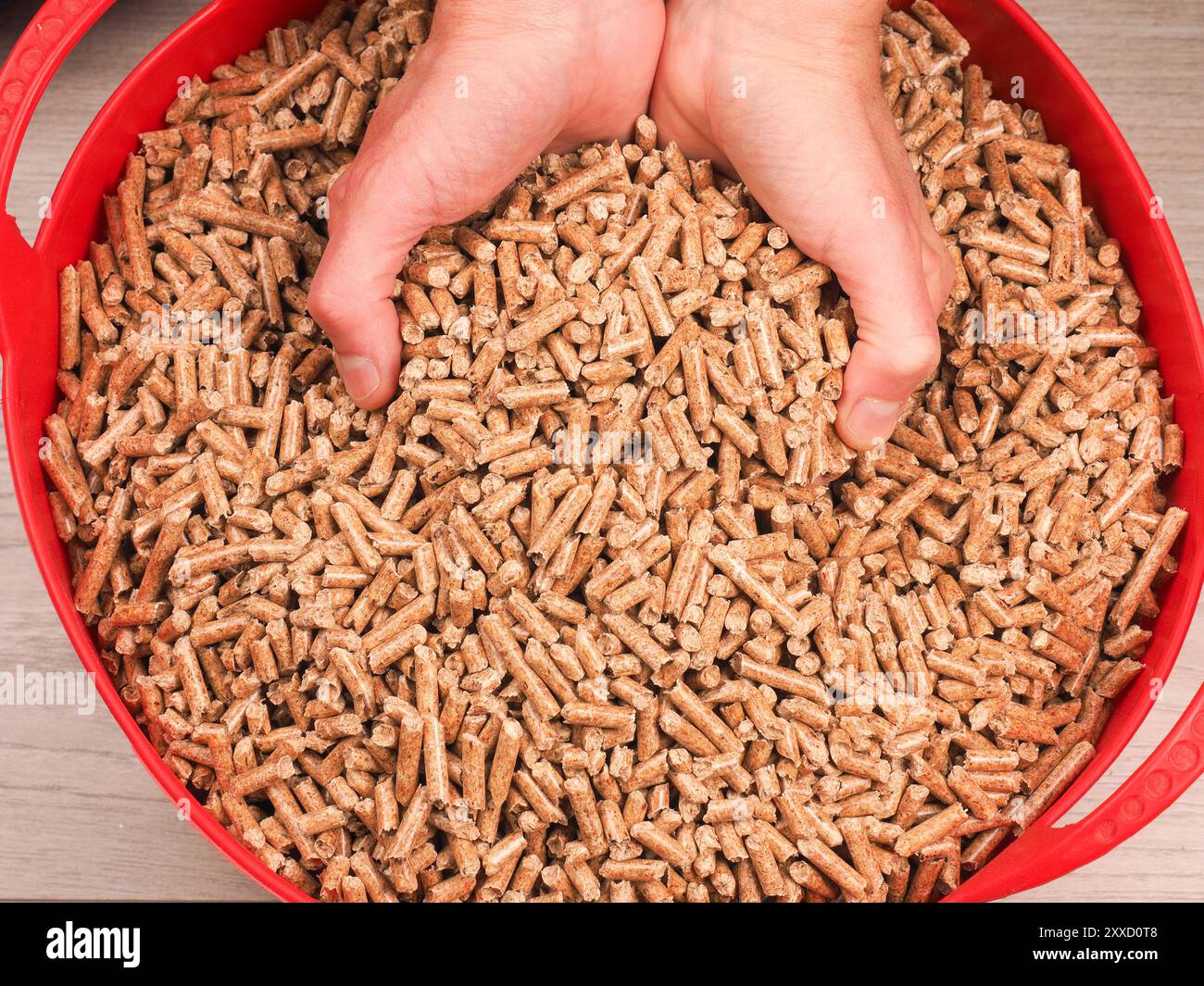 L'energia alternativa concetto, pellet di legno in un cesto di rosso su un pavimento di legno Foto Stock