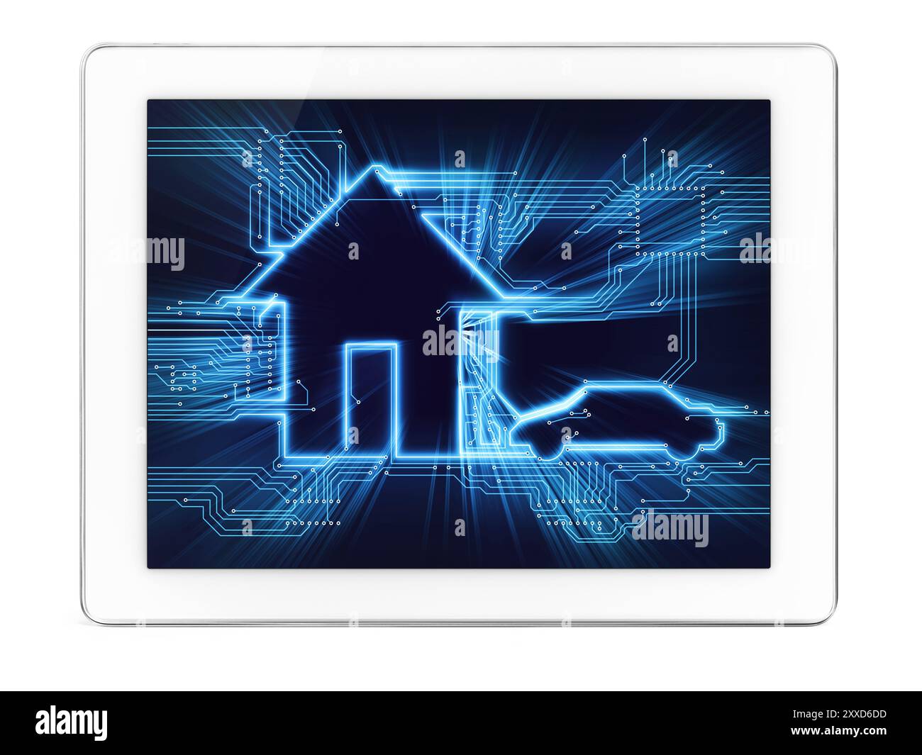 Casa connessa e auto elettrica automazione domestica futura diagramma concettuale della tecnologia domestica sul display di un tablet computer isolato sul retro bianco Foto Stock