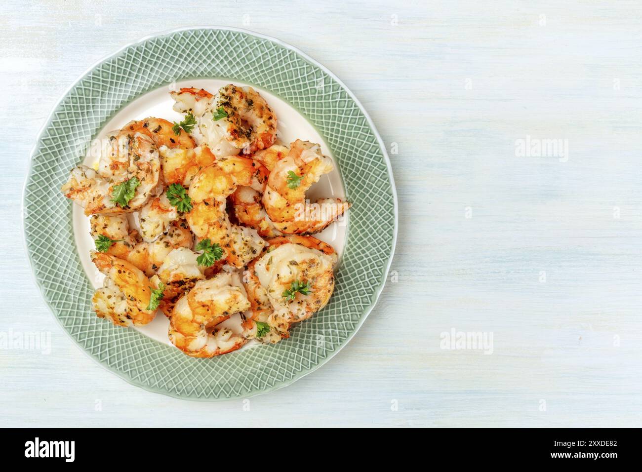 Gamberi cotti, girato da sopra con un posto per il testo Foto Stock