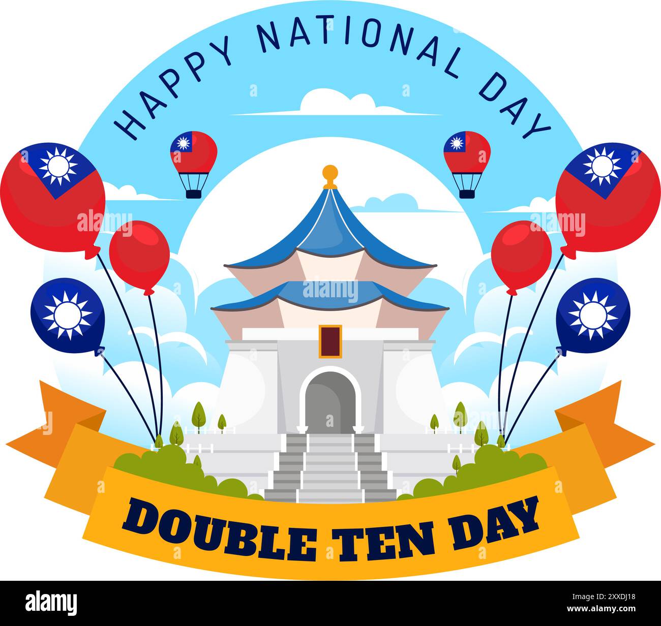 Happy Double Ten National Day Vector Illustration on October 10 with Taiwan Waving Flag and Balloons in a Holiday Flat Style Cartoon background Illustrazione Vettoriale