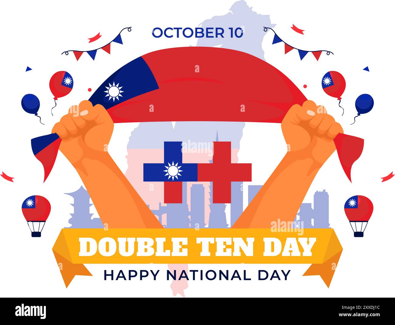 Happy Double Ten National Day Vector Illustration on October 10 with Taiwan Waving Flag and Balloons in a Holiday Flat Style Cartoon background Illustrazione Vettoriale