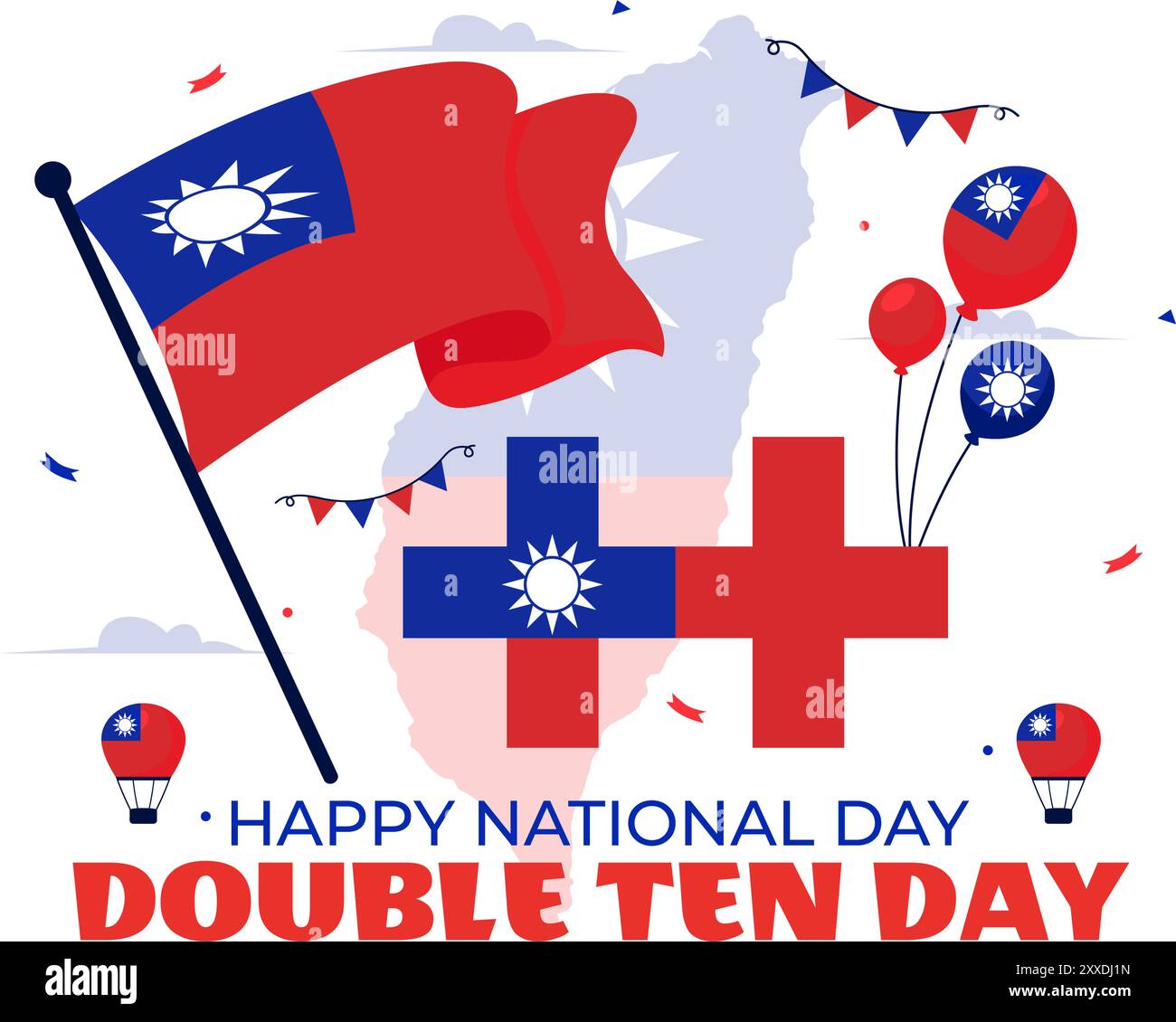 Happy Double Ten National Day Vector Illustration on October 10 with Taiwan Waving Flag and Balloons in a Holiday Flat Style Cartoon background Illustrazione Vettoriale